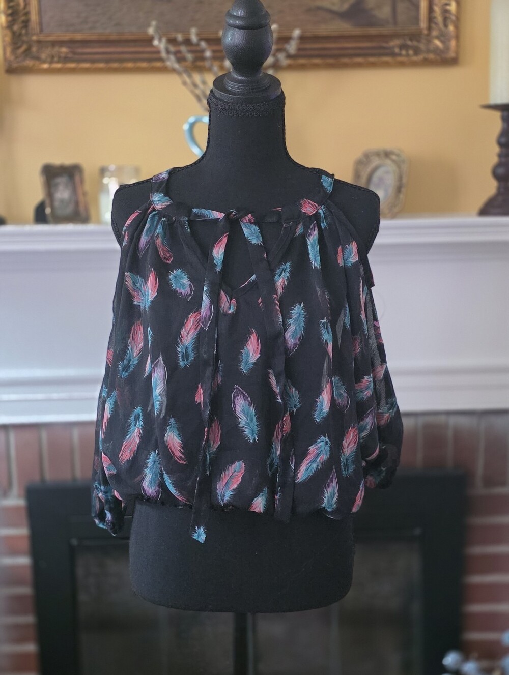Black Multicolor Feather Print Cold Shoulder Blouse